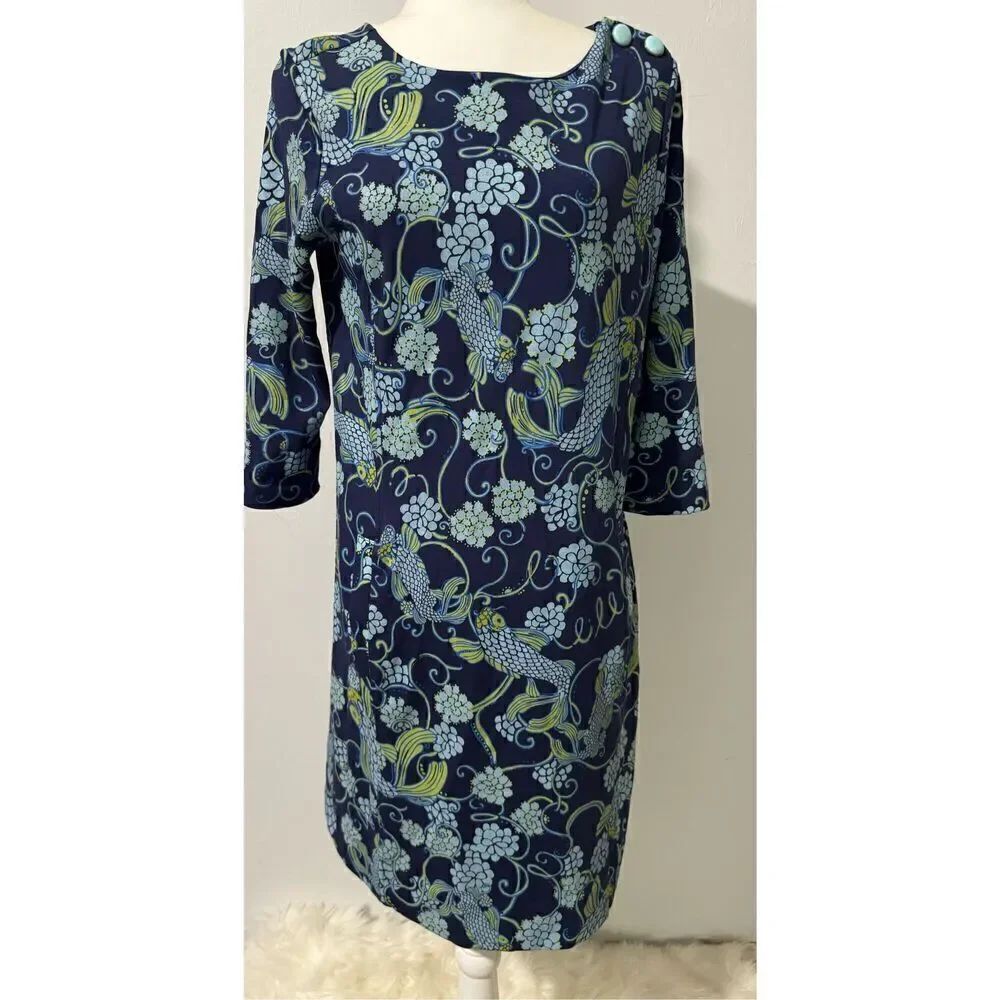 Lilly Pulitzer Koi fish blue dress Asian carp artsy M